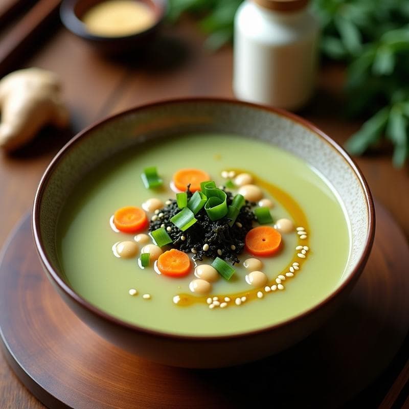 Cuenco de cerámica coreana con sopa cremosa de frijoles mung color verde claro, trozos de zanahoria naranja, algas wakame oscuras y semillas de sésamo tostadas. Decorado con cebollino fresco picado y un hilo de aceite de sésamo. Fondo de madera rústica con utensilios de cocina tradicionales.