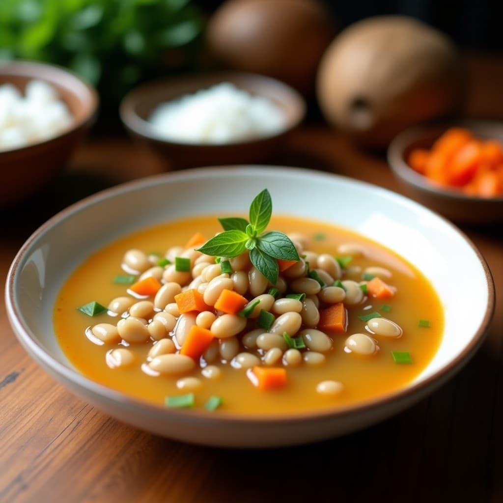Cuenco hondo de cerámica blanca con sopa de frijoles mungo y coco en Thermomix, de color crema con trocitos de frijoles verdes, decorada con coco rallado tostado dorado y hojas de cilantro fresco, sobre fondo de madera rústica con especias indias al lado.