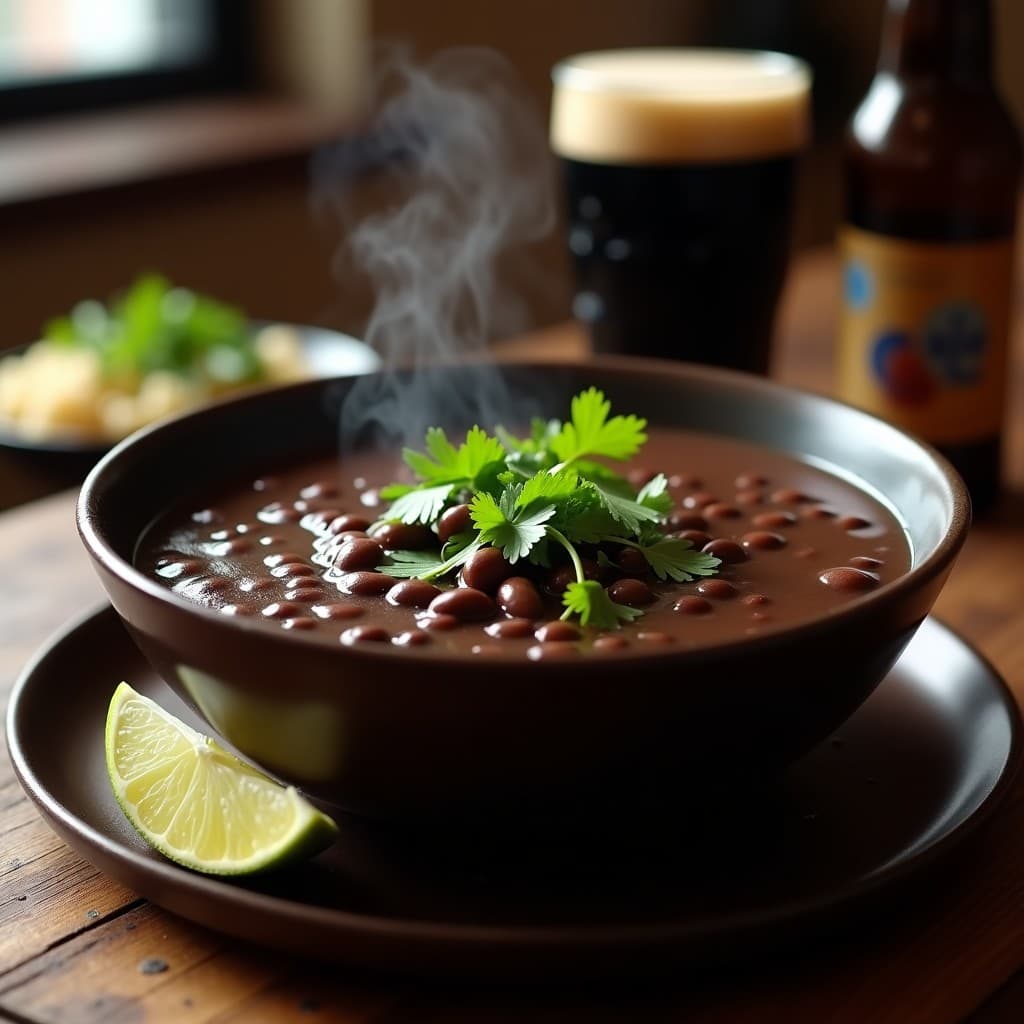 Plato hondo de barro oscuro con sopa espesa de frijoles negros, espuma dorada de cerveza negra y cilantro fresco picado. Textura cremosa con trozos de frijoles enteros, servida sobre una mesa de madera rústica con una rodaja de limón al lado.