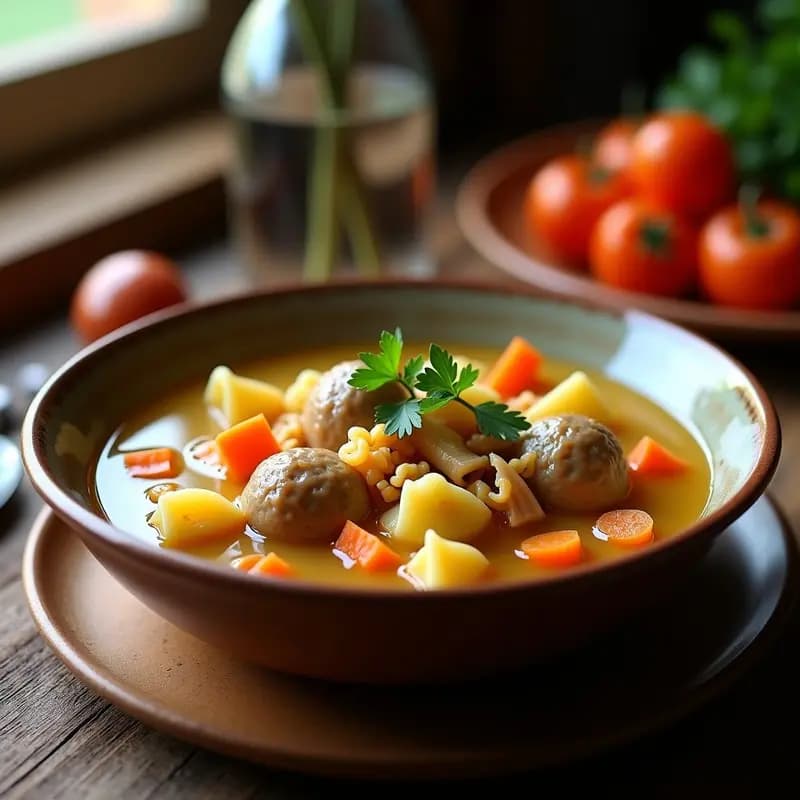 Plato hondo de barro con sopa de galets con piloto, pasta en forma de caracol, rodajas de albóndiga grande, trozos de pollo y caldo dorado, decorado con perejil fresco. Receta catalana tradicional de Navidad.