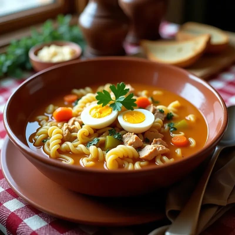 Plato hondo de barro lleno de sopa de galets con pollo desmenuzado, fideos gruesos, zanahoria, patata y un huevo duro cortado a la mitad. Receta catalana de Navidad tradicional y reconfortante.