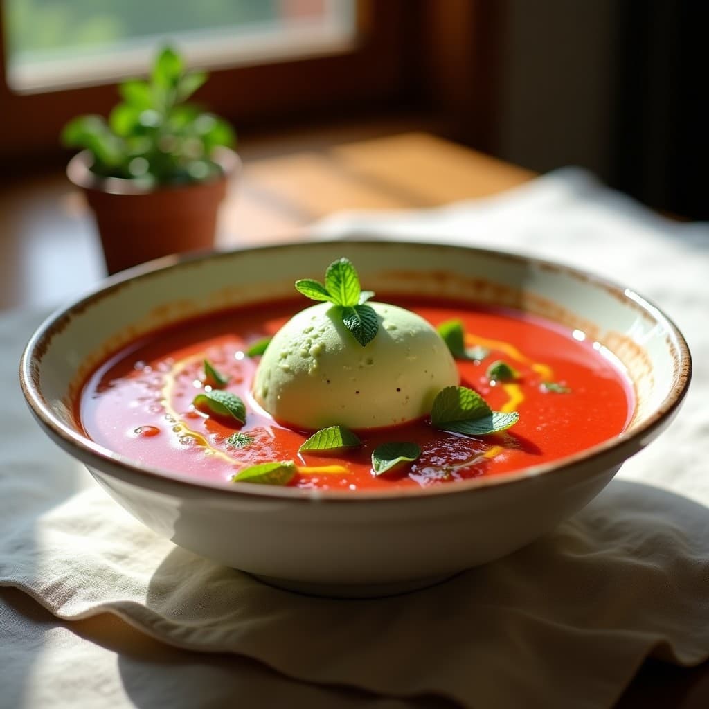 Cuenco hondo de cerámica blanca con sopa de gazpacho andaluz de color rojo intenso, coronado con una bola de helado de pepino cremoso y verde, decorado con hojas de menta fresca y un hilo de aceite de oliva virgen extra, sobre un mantel rústico de lino.