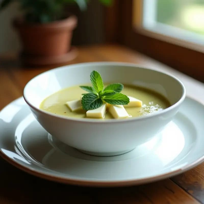 Cuenco de cerámica blanca con sopa fría de gazpacho andino, decorado con dados de queso fresco tipo Burgos y hojas de hierbabuena fresca, sobre una mesa de madera rústica con fondo borroso.