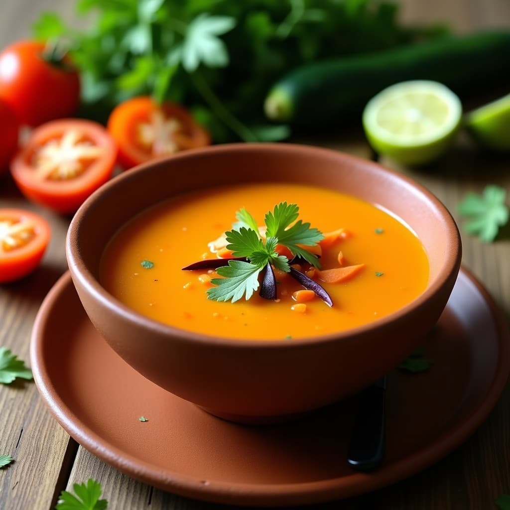 Sopa fría de gazpacho andino con uchuva en un tazón de barro, decorada con hojas de cilantro y rodajas de limón verde, sobre una mesa rústica de madera con fondo de ingredientes frescos como tomates de árbol y uchuva.
