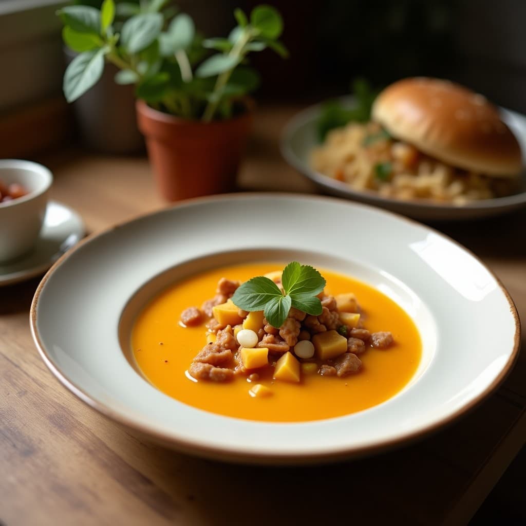 Cuenco de cerámica blanca con sopa cremosa de girásole y calabacín, decorada con semillas de girasol tostadas, perejil fresco y un hilo de aceite de oliva. Fondo rústico con pan de centeno y hierbas frescas. Receta ucraniana depurativa en olla express.