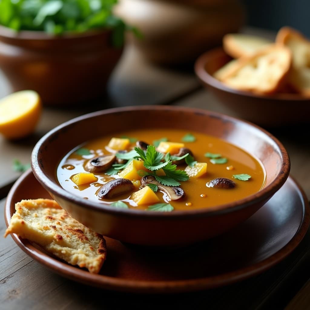 Cuenco hondo de cerámica rústica con sopa de gombas y limón confitado, decorado con hojas de cilantro fresco. Plato árabe depurativo con trozos de setas y cáscara de limón confitado visible, servido sobre una mesa de madera oscura con pan de pita al lado.