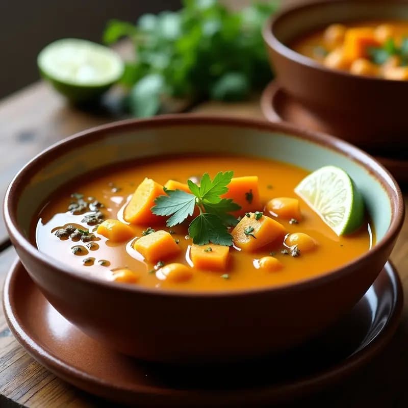 Plato hondo de barro con sopa espesa de guandú y batata, especiada con comino, decorada con cilantro fresco y un chorrito de aceite de oliva. al fondo, trozos de batata naranja y guandú visible. Receta caribeña en olla exprés.