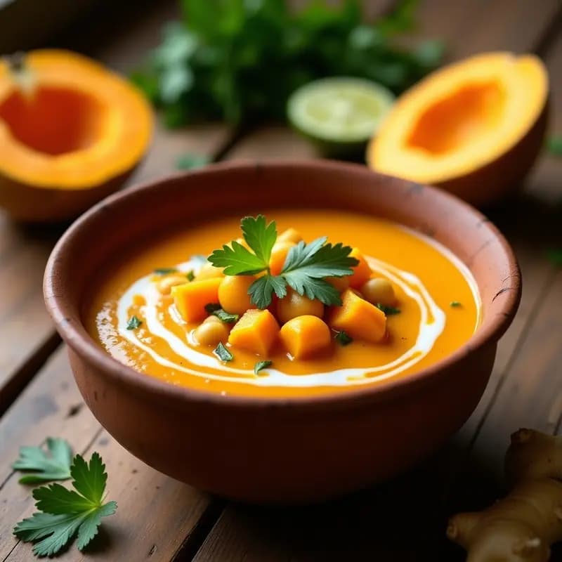 Plato hondo de barro con sopa espesa de guandú y calabaza, trozos de calabaza naranja, guandú beige y cilantro verde fresco. Toque de jengibre rallado y aceite de oliva brillando en la superficie. Receta caribeña alta en proteína.