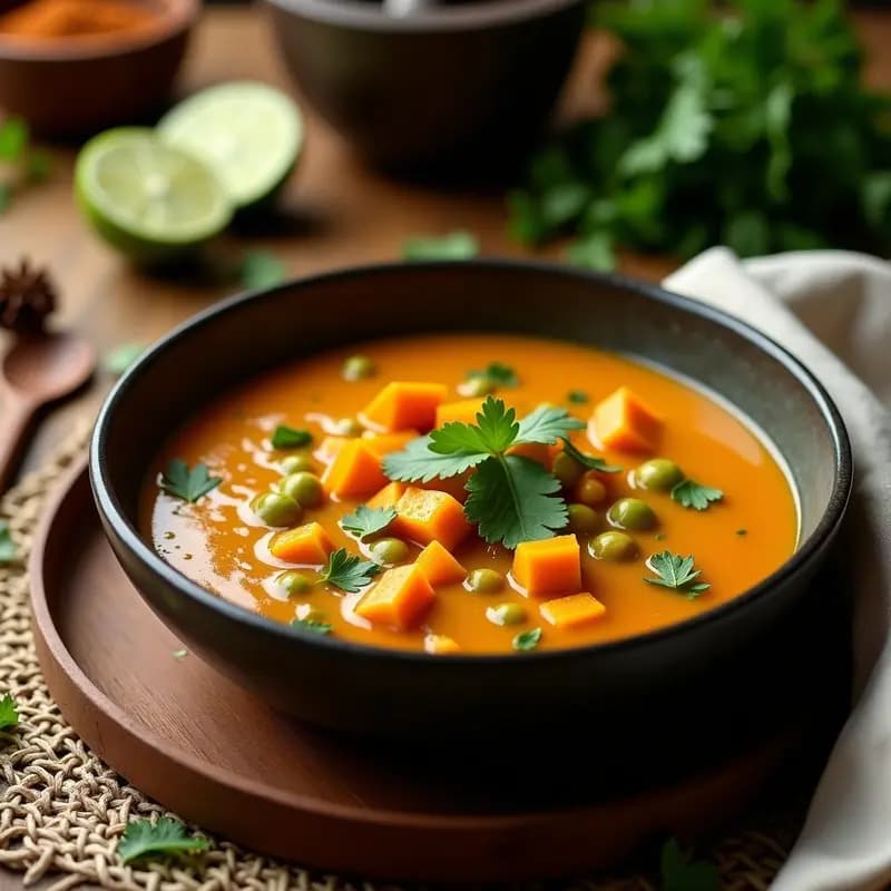 Sopa caribeña de guandú con calabaza y jengibre servida en un bol hondo de cerámica oscura, con trozos de calabaza butternut, guandú y cilantro fresco. Acompañada de rodajas de limón y un fondo rústico con especias y hierbas frescas.