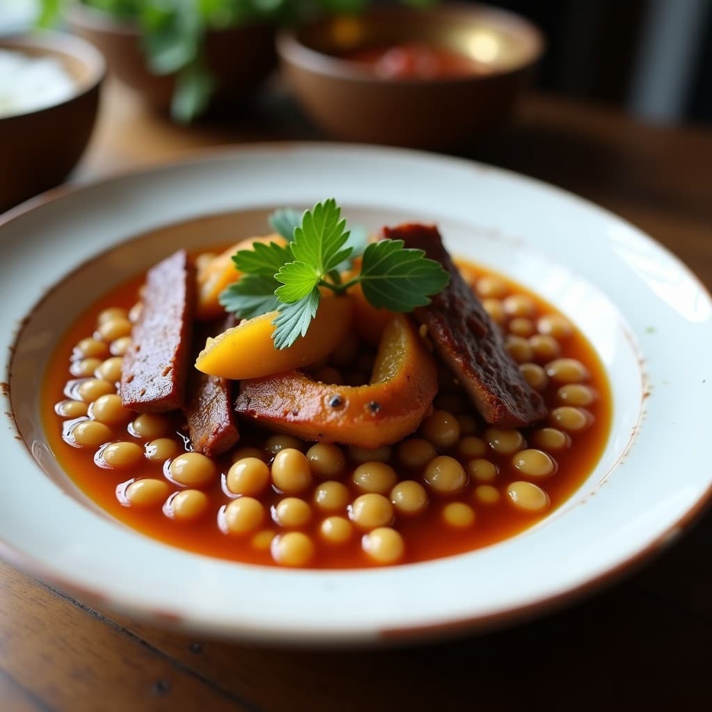 Plato hondo de barro con sopa de guandú espesa, costillas ahumadas desmenuzadas, cubos de yuca dorados y cilantro fresco espolvoreado. Receta caribeña en olla lenta con fondo de mesa rústica.