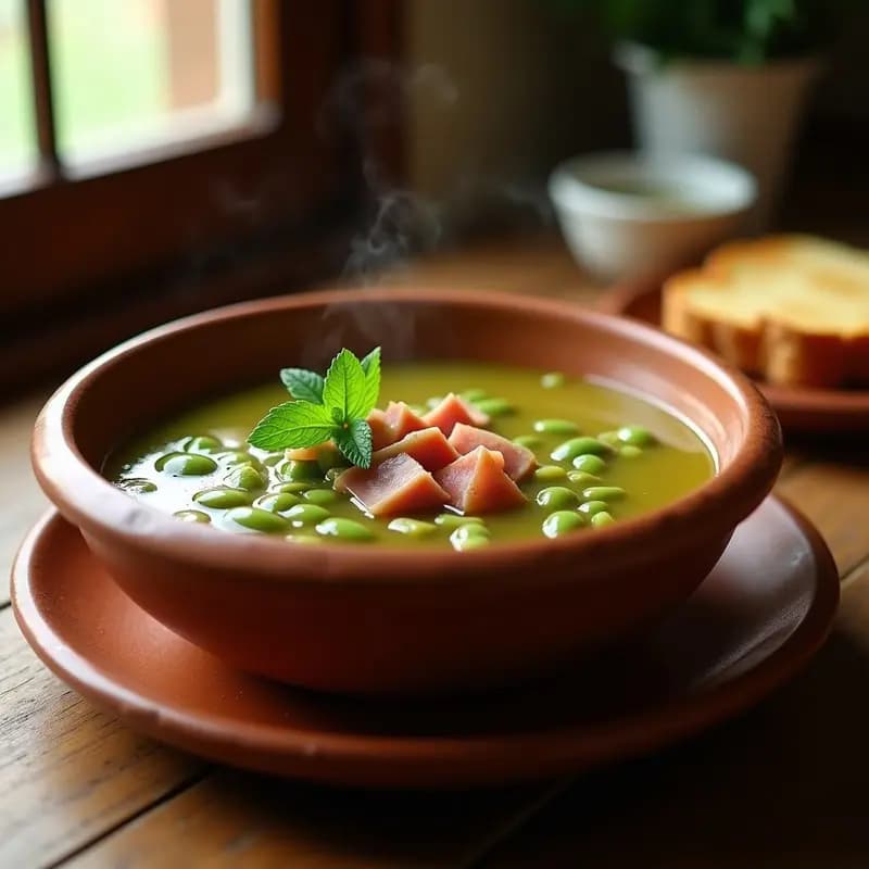 Cuenco de barro humeante con sopa de havas verdes, trozos de jamón serrano y hojas frescas de hierbabuena, sobre fondo rústico de madera con pan tostado al lado.