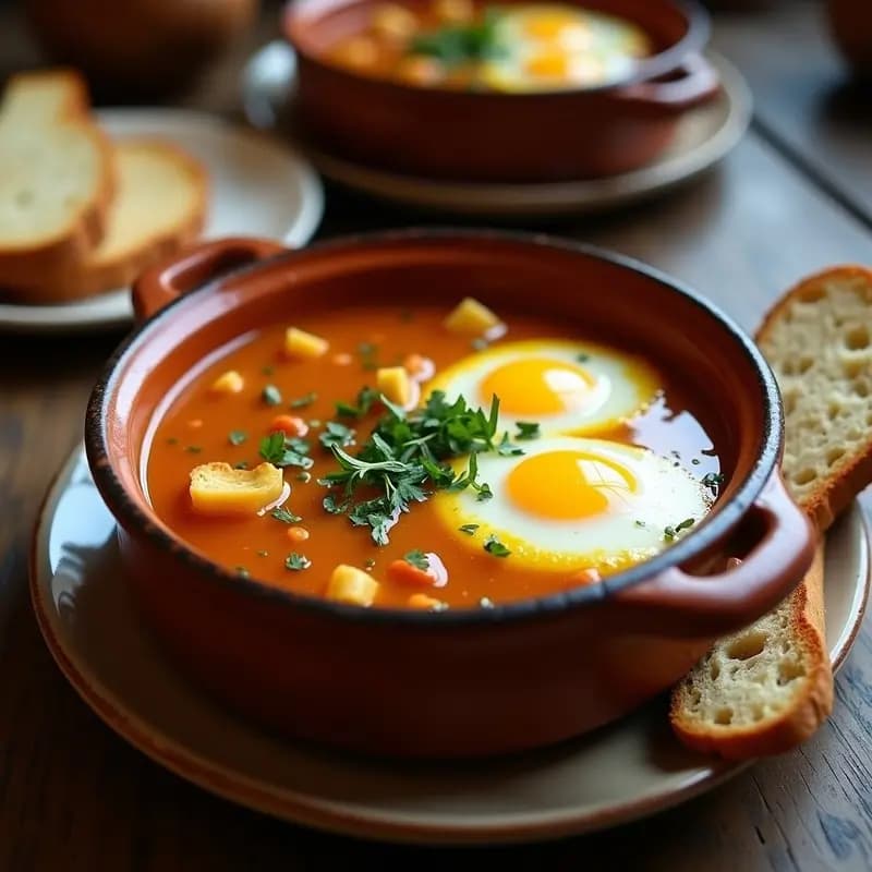 Cazuela de barro humeante con sopa de Joandel de tortilla, trozos de pan duro, huevos cuajados y perejil fresco picado, típico plato andaluz de aprovechamiento.