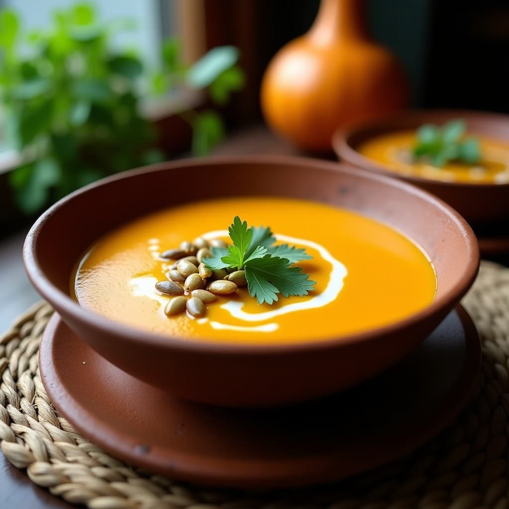 Sopa cremosa de jobo y calabaza moscada en un bol de barro, decorada con cilantro fresco y semillas de calabaza tostadas, con un fondo rústico de madera.