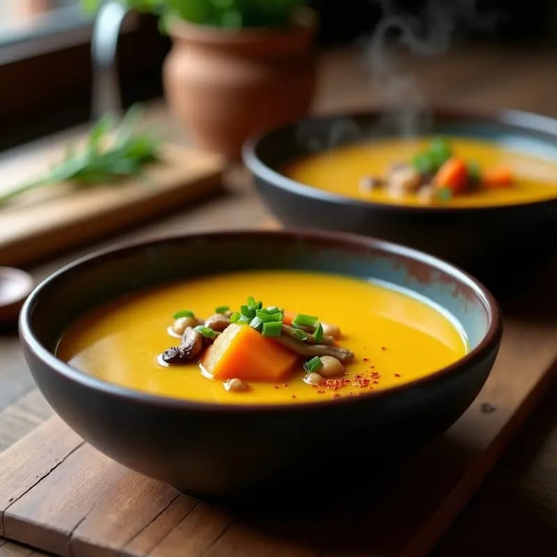 Cuenco hondo de cerámica oscura con sopa de Job’s Tears, champiñones shiitake rehidratados, azafrán y cebollino fresco, servida humeante sobre fondo rústico de madera.