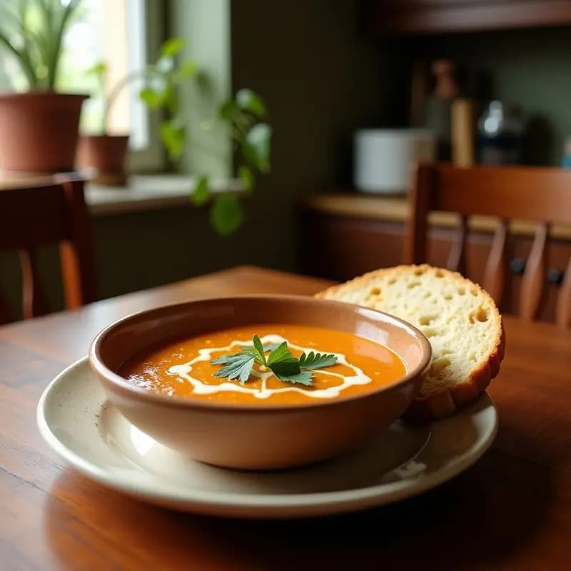 Cuenco rústico de barro con sopa de joío manchega humeante, huevos en hilos, trozos de pan de hogaza tostado y perejil fresco picado, sobre fondo de madera oscura.