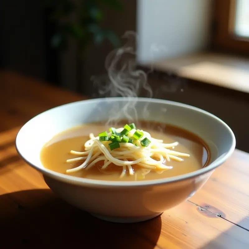 Cuenco hondo blanco con sopa de fideos de konjac transparentes y setas enoki, decorado con cilantro fresco y rodajas de jengibre. Fondos de caldo dorado y aroma a especias. Receta low carb en Thermomix.