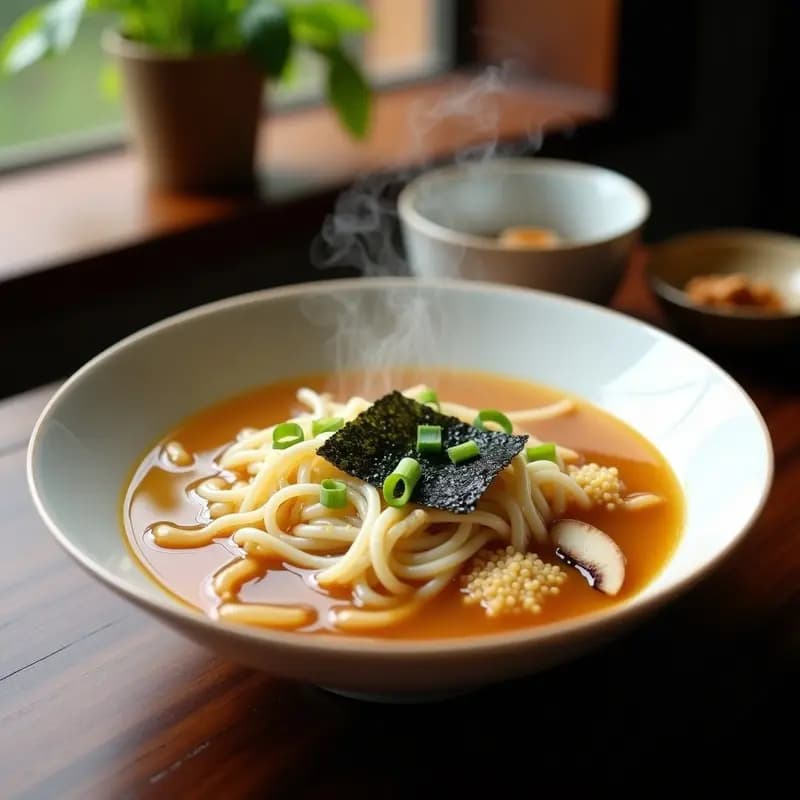 Cuenco hondo de cerámica blanca con sopa humeante de fideos de konnyaku transparentes y setas shiitake doradas, decorada con cebollino picado y algas nori. Plato típico japonés sin calorías preparado en Thermomix.