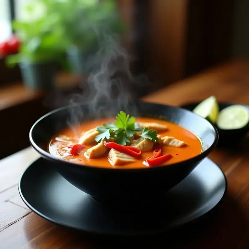 Bowl de cerámica negra con sopa Laksá de pollo y lemongrass, caldo cremoso de leche de coco y curry rojo, trozos de pollo, pimiento rojo, champiñones shitake y cilantro fresco, sobre fondo de madera oscura con rodaja de lima al lado.