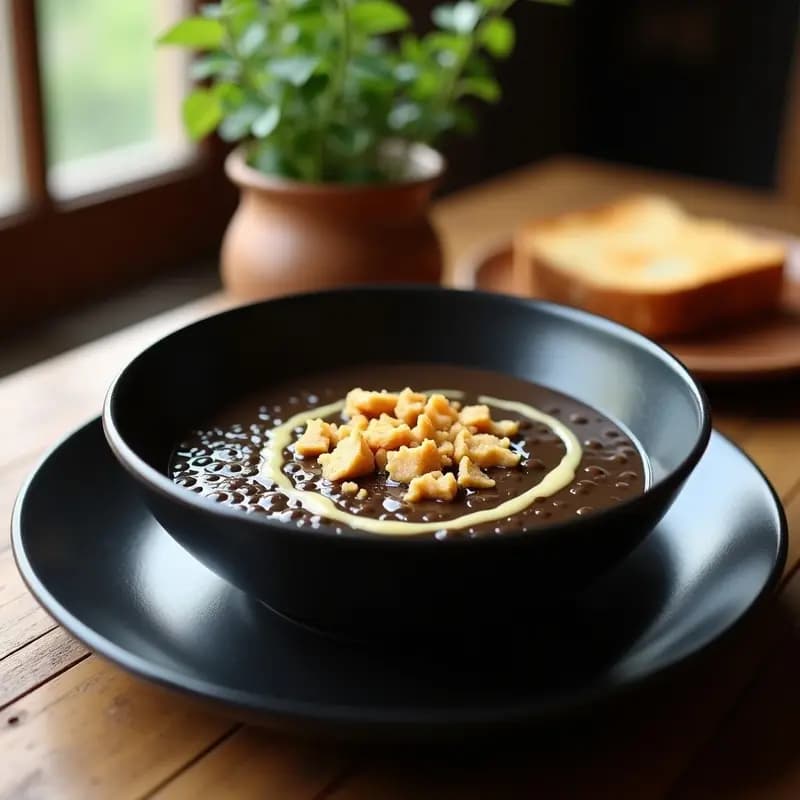 Cuenco hondo de cerámica negra con sopa de lentejas black beluga espesa, decorada con crumble dorado de queso de cabra y nueces, humo líquido visible en la superficie, fondo rústico con pan tostado.