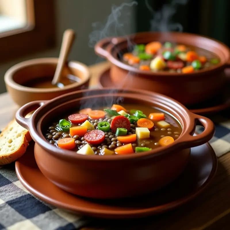 Olla de barro humeante con sopa de lentejas a la corrala de Sevilla, llena de lentejas pardinas, chorizo en rodajas, zanahorias y verduras, servida en cuencos rústicos con pan tostado.