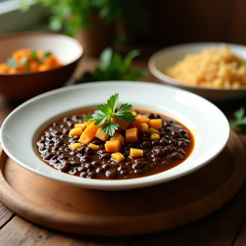 Sopa de lentejas negras y coco vegana servida en un bol hondo de barro, con un toque de cilantro fresco y un chorrito de leche de coco. Plato con fondo rústico y rodajas de limón verde al lado, destacando su textura cremosa y su color oscuro característico.