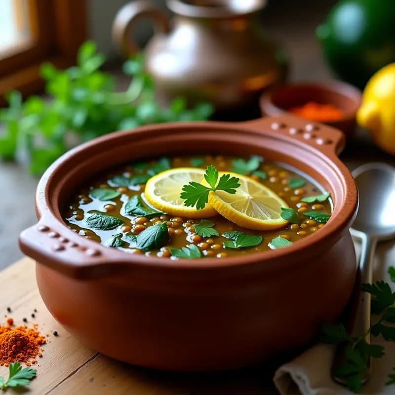 Olla de barro con sopa espesa de lentejas persona oscuras, espinacas verdes vibrante y rodajas de limón amarillo flotando. Decorada con cilantro fresco picado, sobre un fondo rústico de madera con especias esparcidas.