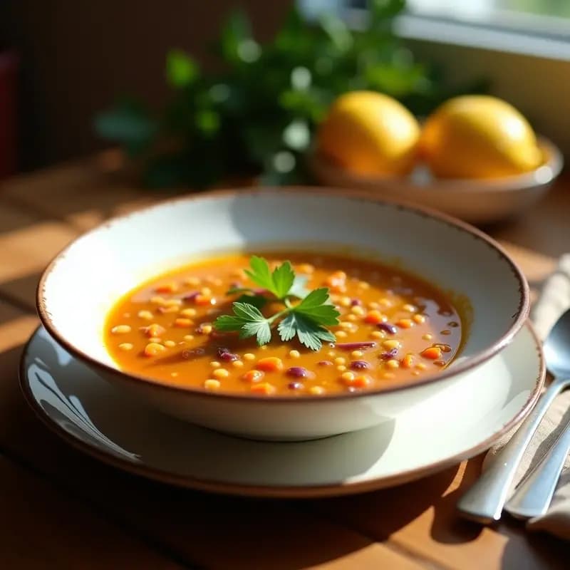 Plato hondo de cerámica blanca con sopa de lentejas rojas con azafrán y limón, decorada con perejil fresco y un hilo de aceite de oliva. Fondo rústico con texturas cálidas.
