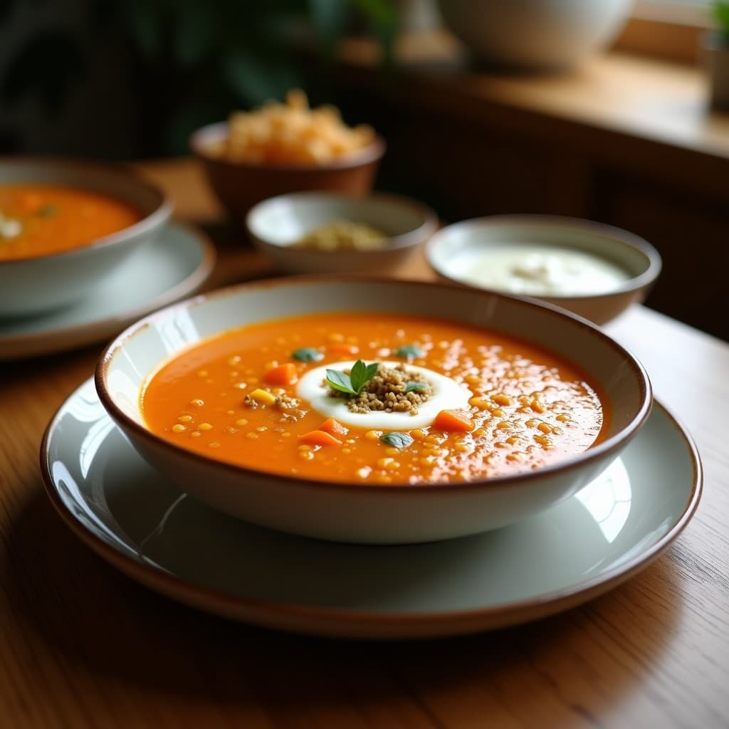 Tazón hondo de cerámica oscura con sopa de lentejas rojas cremosa, leche de coco y jengibre, decorada con cilantro fresco y un hilo de aceite de sésamo. Fondo rústico con especias y hojas de curry al lado.