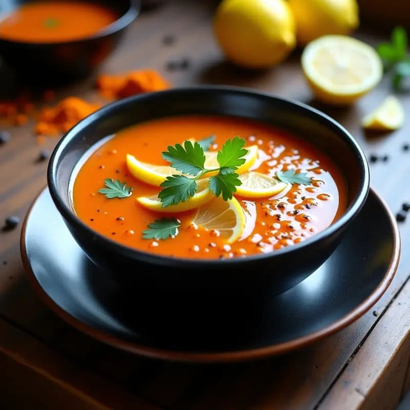 Cuenco de barro negro con sopa de lentejas rojas ayurvédica, jengibre rallado y rodajas de limón flotando. Decorado con hojas de cilantro fresco y semillas de mostaza negra. Fondo rústico con especias indias al lado.