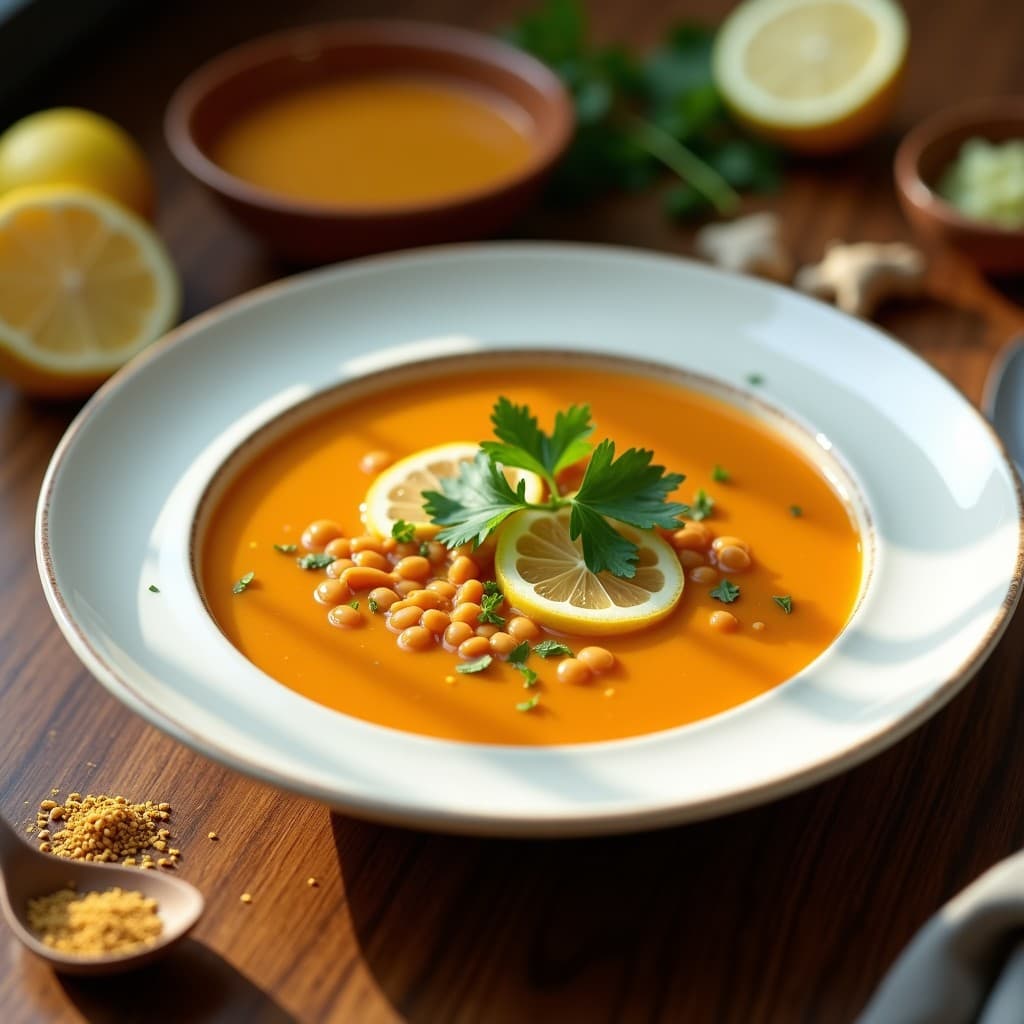 Cuenco de cerámica blanca con sopa de lentejas rojas ayurvédica, espolvoreada con cilantro fresco y rodajas de limón amarillo. Fondos de especias como comino y jengibre rallado alrededor, sobre una mesa de madera rústica con luz natural.