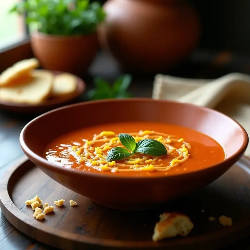 Sopa cremosa de lentejas rojas griegas en cuenco de barro, decorada con zeste de limón, hojas de menta fresca y un hilo de aceite de oliva virgen extra, sobre fondo rústico de madera con pan de pita tostado al lado.