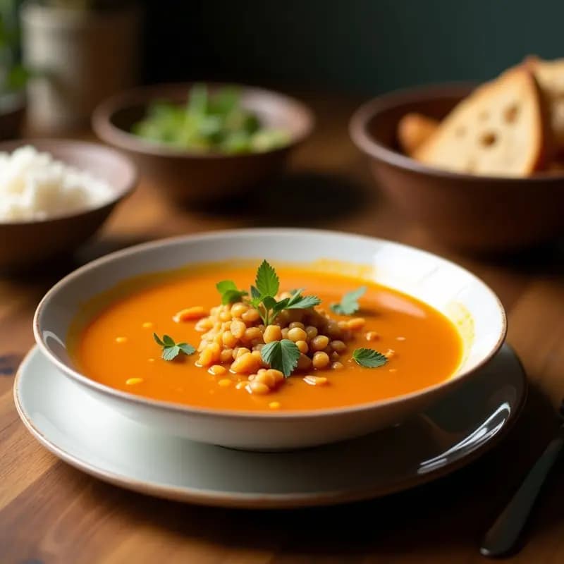 Cuenco de cerámica blanca con sopa de lentejas rojos y coco sri lankesa vegana, espolvoreada con cilantro fresco y rodajas de limón. Fondo de madera rústica con especias y hojas de curry al lado.