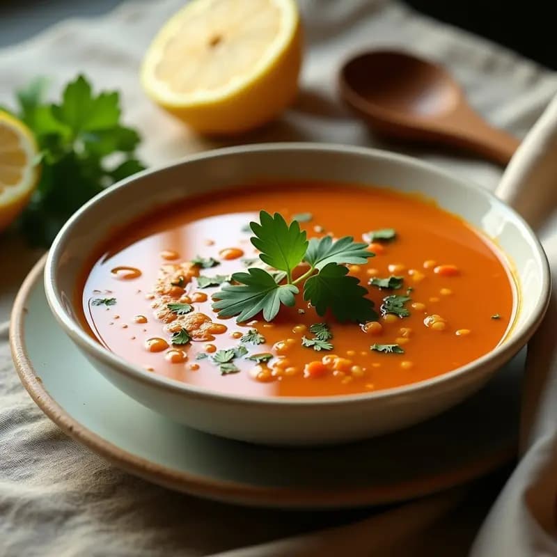 Cuenco de cerámica blanca con sopa de lentejas rojos ayurvédica, espinacas verdes vibrantes y un toque de cilantro fresco. Fondo con especias tostadas y rodajas de limón kaffir. Plato desintoxicante y reconfortante.