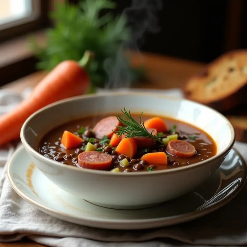 Cuenco hondo de cerámica blanca con sopa Lenten rusa espesa, lentejas pardinas, rodajas de salchichas ahumadas Kielbasa y eneldo fresco picado. Fondos de zanahoria asada y apio visibles. Acompañado de rebanada de pan de centeno tostado. Ambiente cálido con mantel de lino.