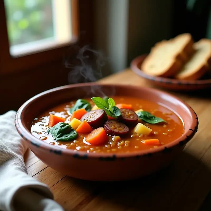 Sopa portuguesa de lentilha con chorizo vegano servida en un cuenco de barro, con rodajas de chorizo vegano de berenjena, zanahoria, patata y espinacas, espolvoreada con pimentón dulce y un hilo de aceite de oliva virgen extra.