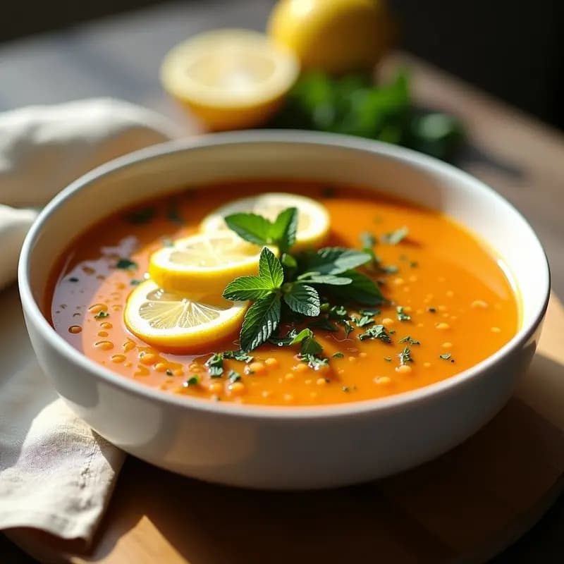 Cuenco hondo de cerámica blanca con sopa cremosa de lentiljas rojas turca, decorada con hierbas frescas, semillas de sésamo y una rodaja de limón. Fondo rústico de madera con pan de pita tostado al lado.
