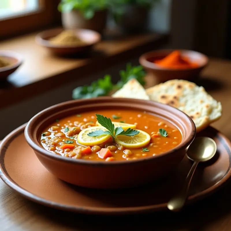 Sopa Lentschik armeniana en un bol de barro rústico, con lentejas rojas cocidas, trozos de zanahoria y cebolla, espolvoreada con perejil fresco y acompañada de rodajas de limón y pan de lavash tostado.