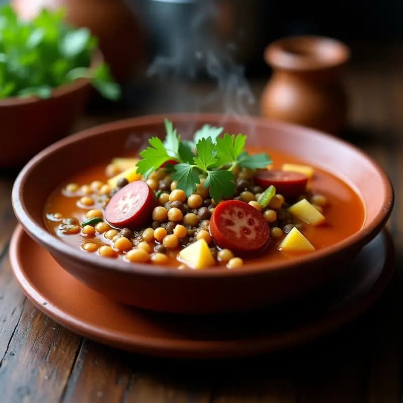 Sopa espesa de lentuja con trozos de chorizo criollo y garbanzos en un plato hondo de barro, decorada con cilantro fresco y servida con arepa al lado. Receta colombiana tradicional en olla a presión.