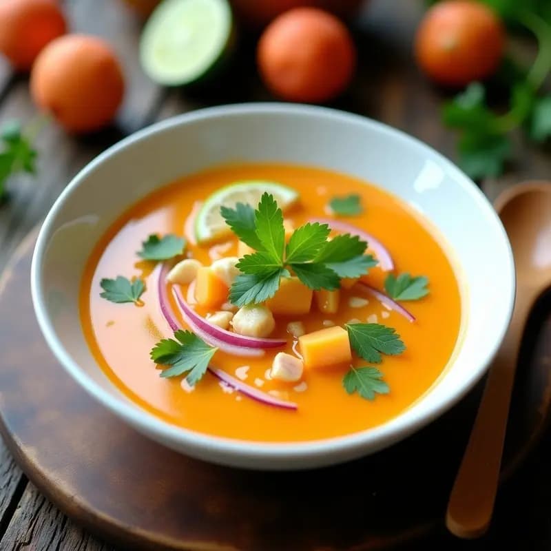 Cuenco blanco con sopa tailandesa de litchis y jengibre, decorada con hojas de cilantro y rodajas de lima, sobre fondo rústico de madera.