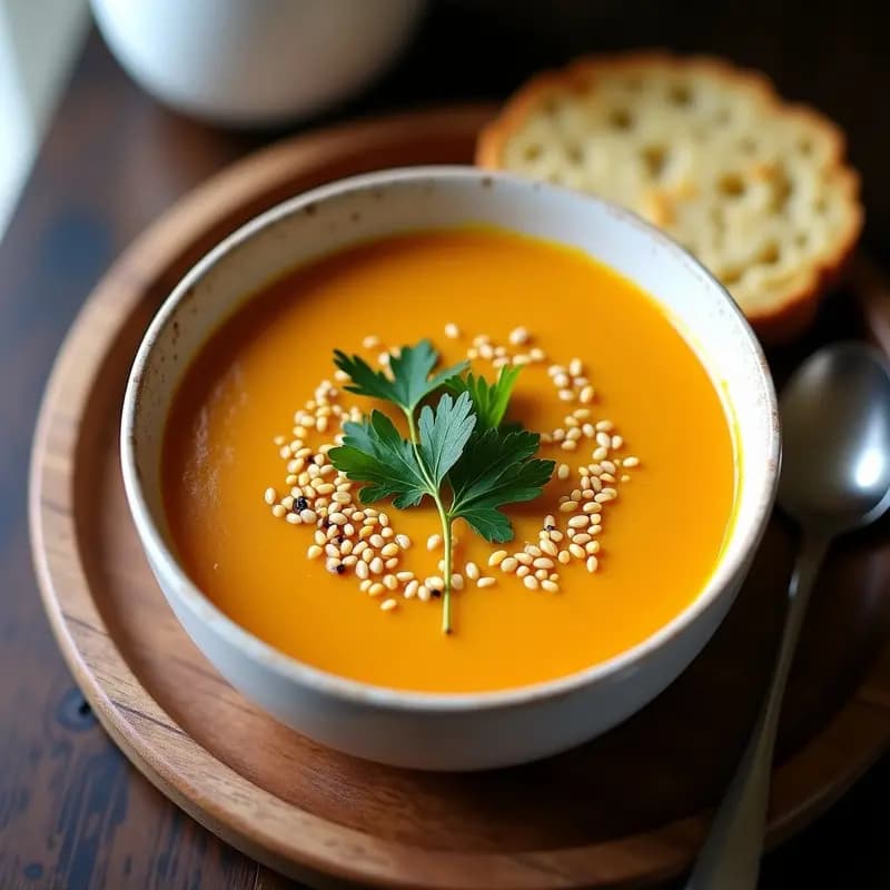 Cuenco de cerámica blanca con sopa de luiro gallega, cremosa y de color naranja intenso, decorada con perejil fresco, semillas de sésamo tostadas y gotas de limón. Fondo rústico con pan de maíz gallego.