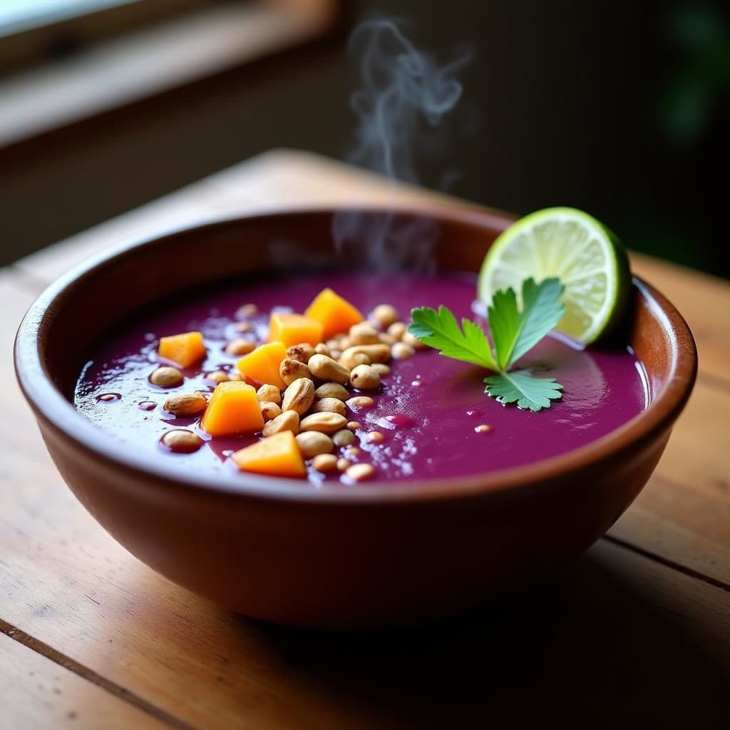 Plato hondo de barro con sopa de maíz morado, calabaza en cubos y jengibre, decorada con cacahuetes triturados y cilantro fresco. El vibrante color morado de la sopa contrasta con el naranja de la calabaza, servida con una rodaja de limón al lado.