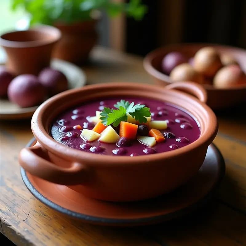 Olla de barro humeante con sopa de maíz morado y chuño boliviana, de color violeta intenso, espesa y servida en cuenco rústico con hierbabuena fresca como decoración.