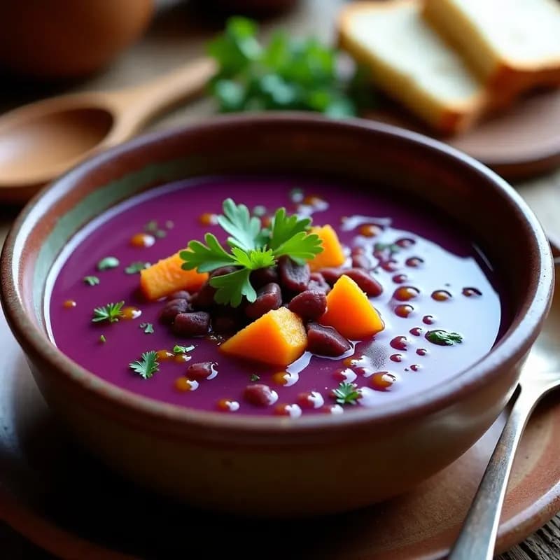 Plato hondo de barro con sopa de maíz morado y patata dulce, de color violeta intenso con trozos de patata naranja y hierbabuena fresca. Receta andina en olla express, servida humeante con un toque rústico.