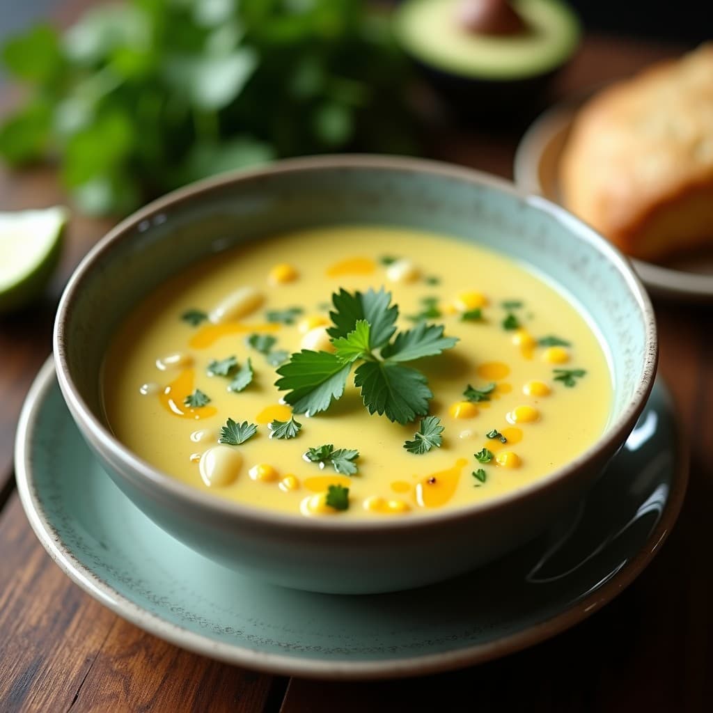 Plato hondo blanco con sopa de maíz verde y cilantro con media crema de coco, decorada con cilantro fresco y una rodaja de limón al lado. Textura cremosa y color vibrante verde y amarillo.