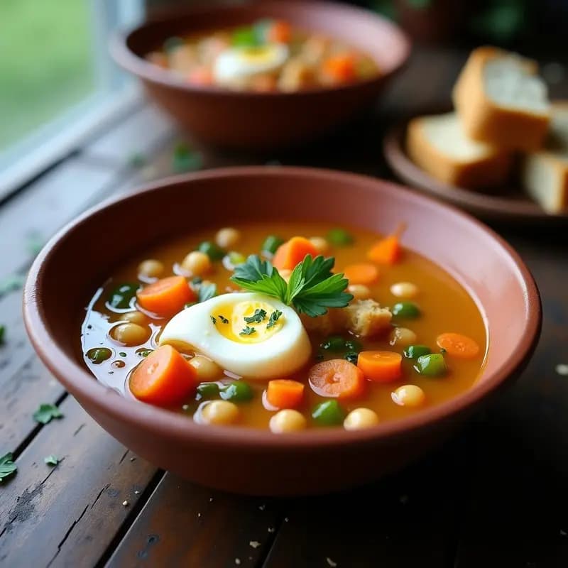Bol hondo de barro con sopa mallorquina espesa de garbanzos, verduras y trozos de pan, coronada con huevo en hebras y perejil fresco, sobre fondo rústico de madera.