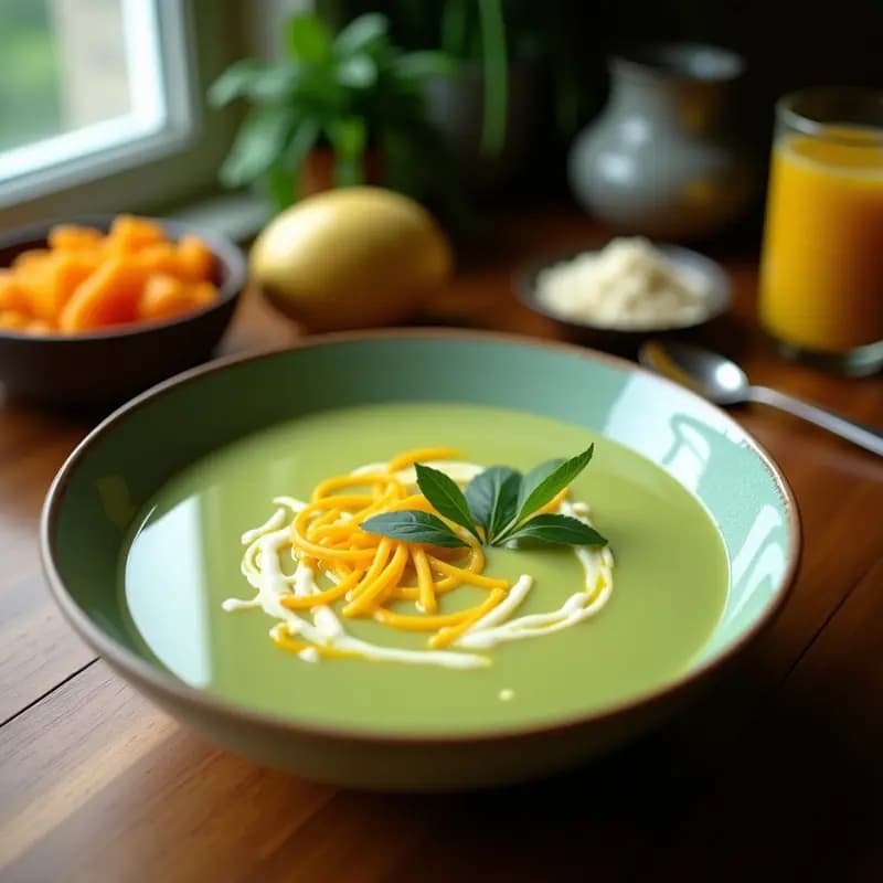 Cuenco blanco con sopa fría de mango verde y leche de coco, decorada con cubos de mango, cilantro fresco, cacahuetes triturados y rodajas de chile verde. Plato refrescante y colorido con toques tailandeses, servido sobre una mesa de madera con fondo desenfocado.