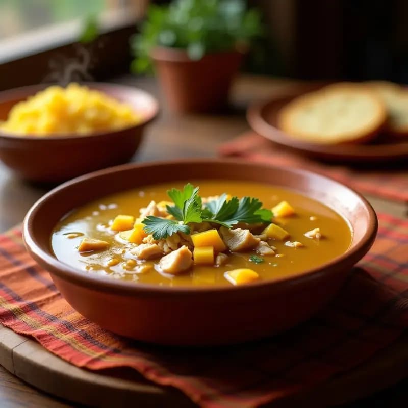 Plato hondo de barro con sopa de maní colombiana espesa, de color dorado intenso, con trozos de pollo desmenuzado, yuca y zapallo. Decorada con cilantro fresco y un toque de aceite de oliva. Fondo rústico con pan de maíz.