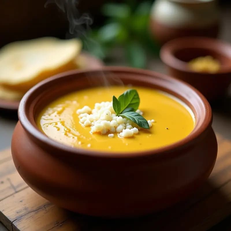 Olla de barro humeante con sopa de masa de maíz cremosa y trozos de queso fresco guatemalteco derritiéndose, decorada con hojas de hierbabuena fresca. Plato tradicional reconfortante servido en cuenco rústico con tortillas de maíz al lado.