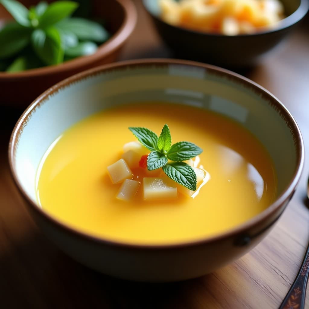 Cuenco blanco con sopa fría de melón amarillo vibrante, trozos de jengibre fresco, hojas de menta verdes y un toque de crema de coco. Fondos borrosos de hierbas frescas y limón.