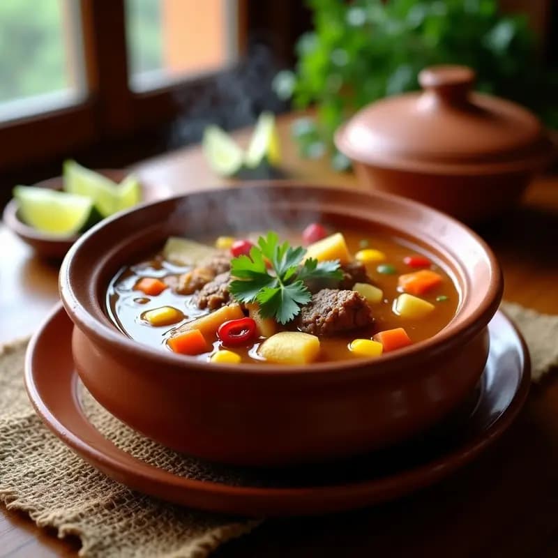Plato hondo de barro lleno de sopa Menudo mexicana con callos y chilpiquin, caldo dorado espeso con trozos de callos tiernos, granos de maíz pozolero y chilpiquines flotando. Acompañado de cilantro fresco, rodajas de limón verde y una tostada de maíz al lado.
